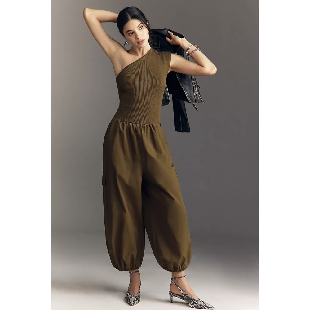 Anthropologie Asymmetrical Twofer Jumpsuit M Brown Cargo Utility Boho Coastal